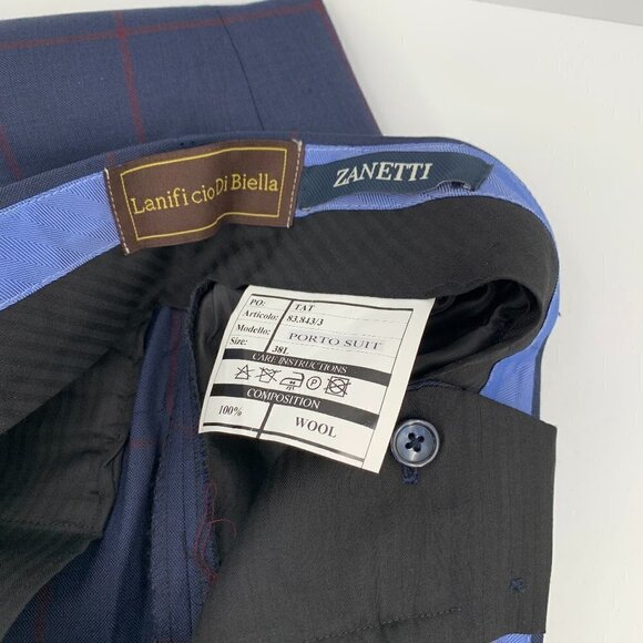 Zanetti Porto Suit navy pants wool trousers flat front unhemmed check new 38 - Picture 4 of 5